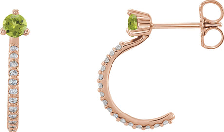 14K Gold Round Natural Peridot Accented J-Hoop Earrings - Rose Gold