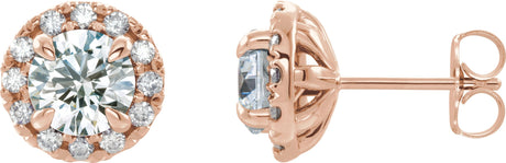 14K Gold Round Natural Diamond French-Set Halo-Style Earrings - Rose Gold