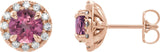 14K Gold Round Natural Pink Tourmaline French-Set Halo-Style Earrings - Rose Gold