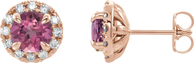 14K Gold Round Natural Pink Tourmaline French-Set Halo-Style Earrings - Rose Gold