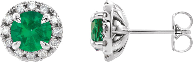 Platinum Round Natural Emerald French-Set Halo-Style Earrings