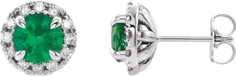 14K Gold Round Natural Emerald French-Set Halo-Style Earrings - White Gold
