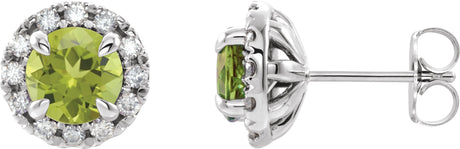 Platinum Round Natural Peridot French-Set Halo-Style Earrings