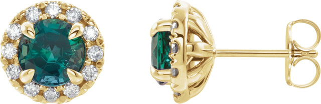 14K Gold Round Lab-Grown Emerald French-Set Halo-Style Earrings - Yellow Gold