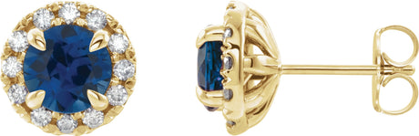 14K Gold Round Natural Blue Sapphire French-Set Halo-Style Earrings - Yellow Gold