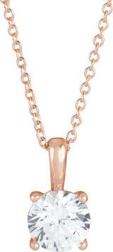 14K Gold Round Natural White Sapphire Solitaire Necklace or Pendant - Rose Gold