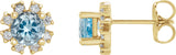 14K Gold Natural Aquamarine Round 4-Prong Halo-Style Earrings - Yellow Gold