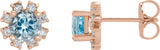 14K Gold Natural Aquamarine Round 4-Prong Halo-Style Earrings - Rose Gold
