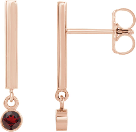 14K Gold Round Natural Mozambique Garnet Bezel-Set Bar Earrings - Rose Gold