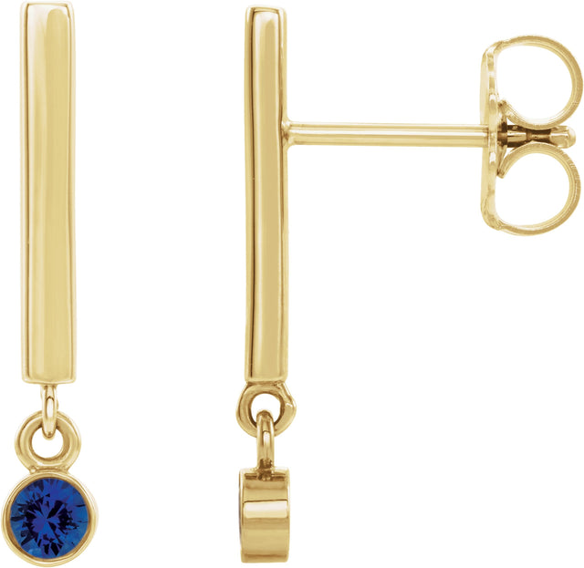 14K Gold Round Natural Blue Sapphire Bezel-Set Bar Earrings - Yellow Gold