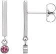 14K Gold Round Natural Pink Tourmaline Bezel-Set Bar Earrings - White Gold