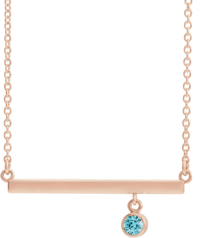 14K Gold Round Natural Blue Zircon Bezel-Set Bar Necklace III - Rose Gold