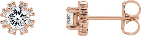 14K Gold Natural White Sapphire Round 4-Prong Halo-Style Earrings - Rose Gold