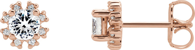 14K Gold Natural White Sapphire Round 4-Prong Halo-Style Earrings - Rose Gold