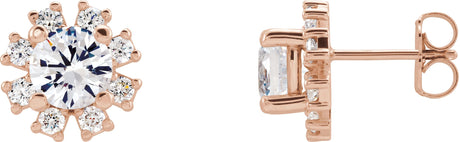 14K Gold Natural White Sapphire Round 4-Prong Halo-Style Earrings - Rose Gold