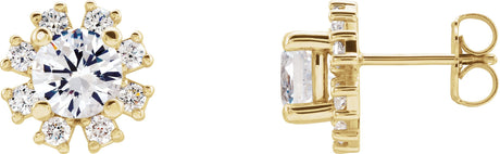 14K Gold Natural White Sapphire Round 4-Prong Halo-Style Earrings - Yellow Gold