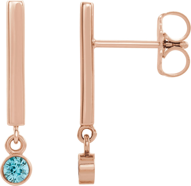 14K Gold Round Natural Blue Zircon Bezel-Set Bar Earrings - Rose Gold
