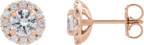 14K Gold Round Natural White Sapphire French-Set Halo-Style Earrings - Rose Gold