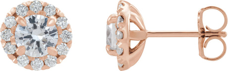 14K Gold Round Natural White Sapphire French-Set Halo-Style Earrings - Rose Gold