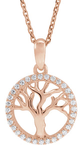 14K Gold Round Natural Diamond Accented Tree of Life Necklace - Rose Gold