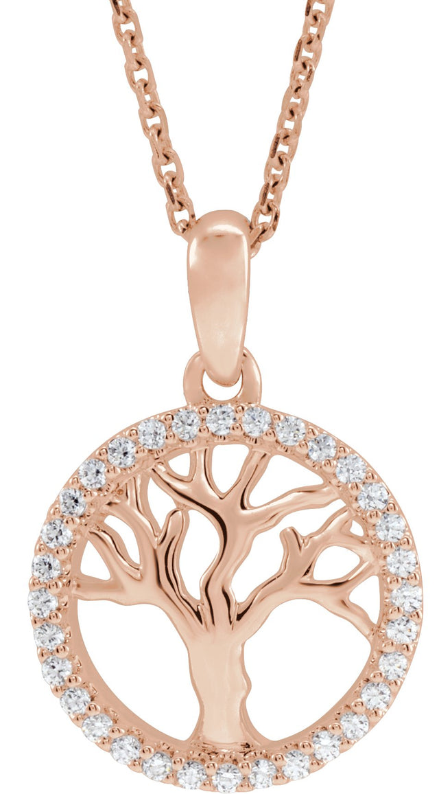 14K Gold Round Natural Diamond Accented Tree of Life Necklace - Rose Gold