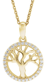 14K Gold Round Natural Diamond Accented Tree of Life Necklace - Yellow Gold