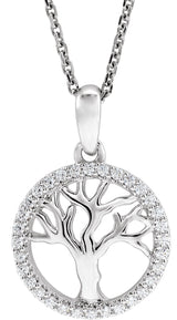 14K Gold Round Natural Diamond Accented Tree of Life Necklace - White Gold