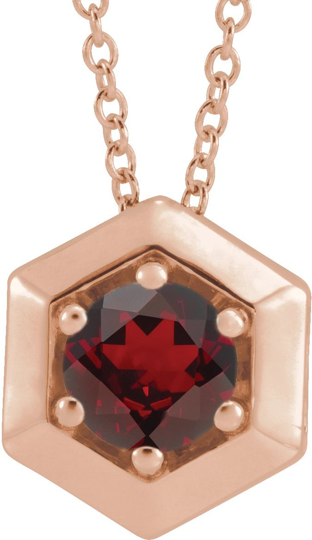 14K Gold Round Natural Mozambique Garnet Geometric Necklace or Pendant - Rose Gold