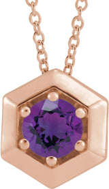 14K Gold Round Natural Amethyst Geometric Necklace or Pendant - Rose Gold