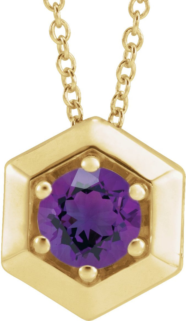 14K Gold Round Natural Amethyst Geometric Necklace or Pendant - Yellow Gold