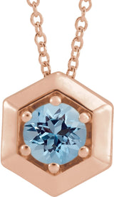 14K Gold Round Natural Aquamarine Geometric Necklace or Pendant - Rose Gold