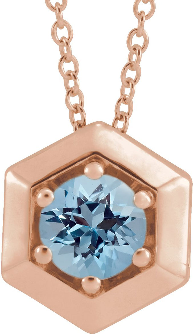 14K Gold Round Natural Aquamarine Geometric Necklace or Pendant - Rose Gold