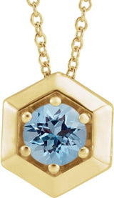 14K Gold Round Natural Aquamarine Geometric Necklace or Pendant - Yellow Gold