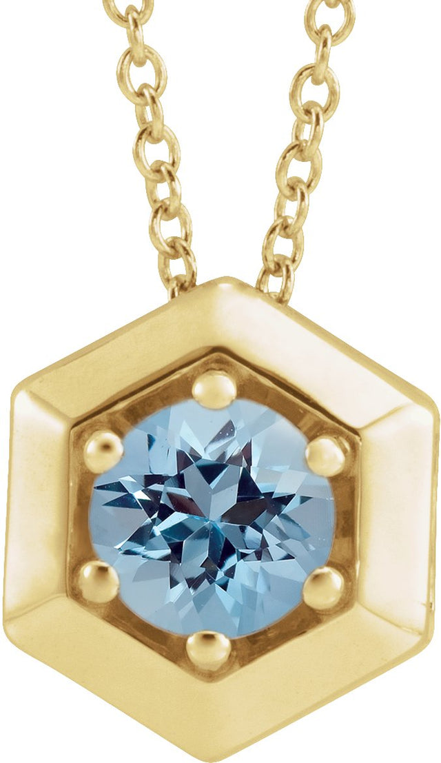 14K Gold Round Natural Aquamarine Geometric Necklace or Pendant - Yellow Gold