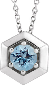 14K Gold Round Natural Aquamarine Geometric Necklace or Pendant - White Gold