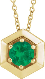 14K Gold Round Natural Emerald Geometric Necklace or Pendant - Yellow Gold