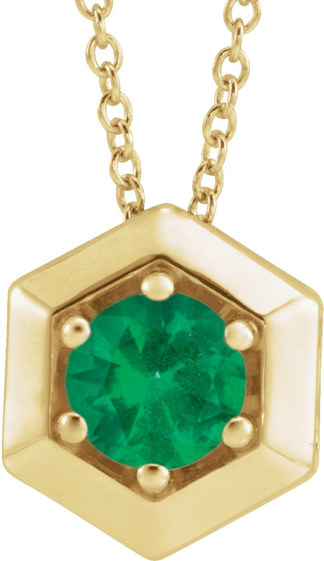 14K Gold Round Natural Emerald Geometric Necklace or Pendant - Yellow Gold
