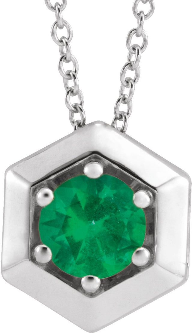 Platinum Round Natural Emerald Geometric Necklace or Pendant