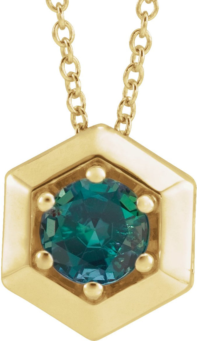 14K Gold Round Lab-Grown Alexandrite Geometric Necklace or Pendant - Yellow Gold