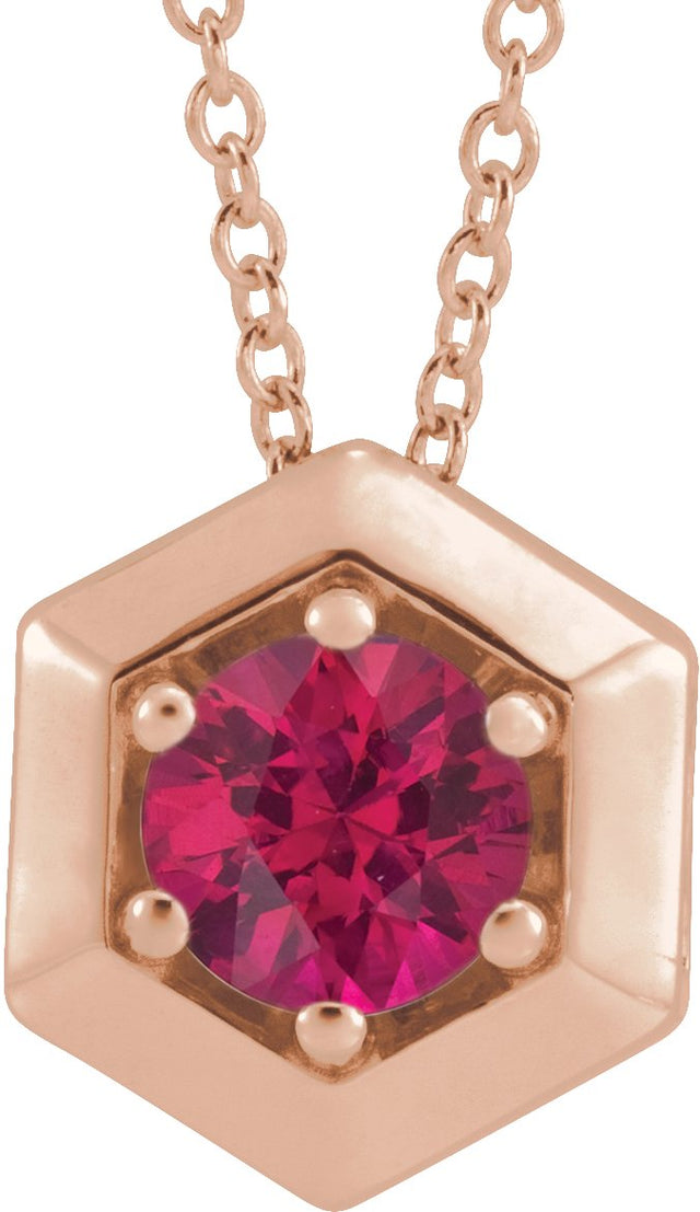 14K Gold Round Lab-Grown Ruby Geometric Necklace or Pendant - Rose Gold