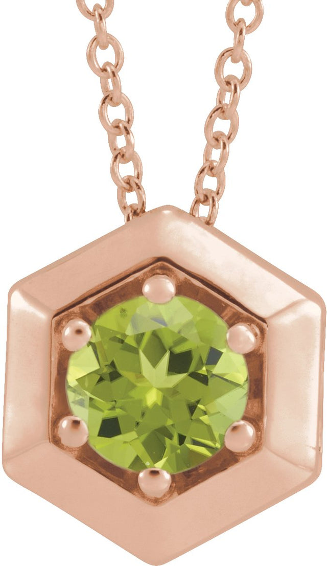 14K Gold Round Natural Peridot Geometric Necklace or Pendant - Rose Gold