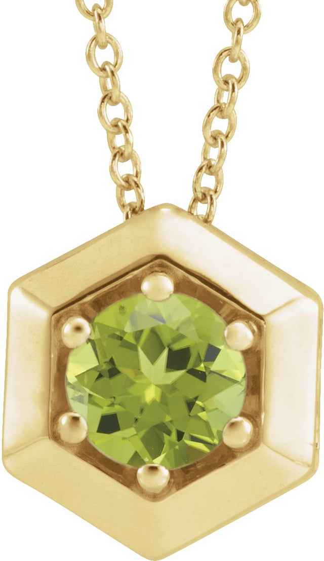 14K Gold Round Natural Peridot Geometric Necklace or Pendant - Yellow Gold