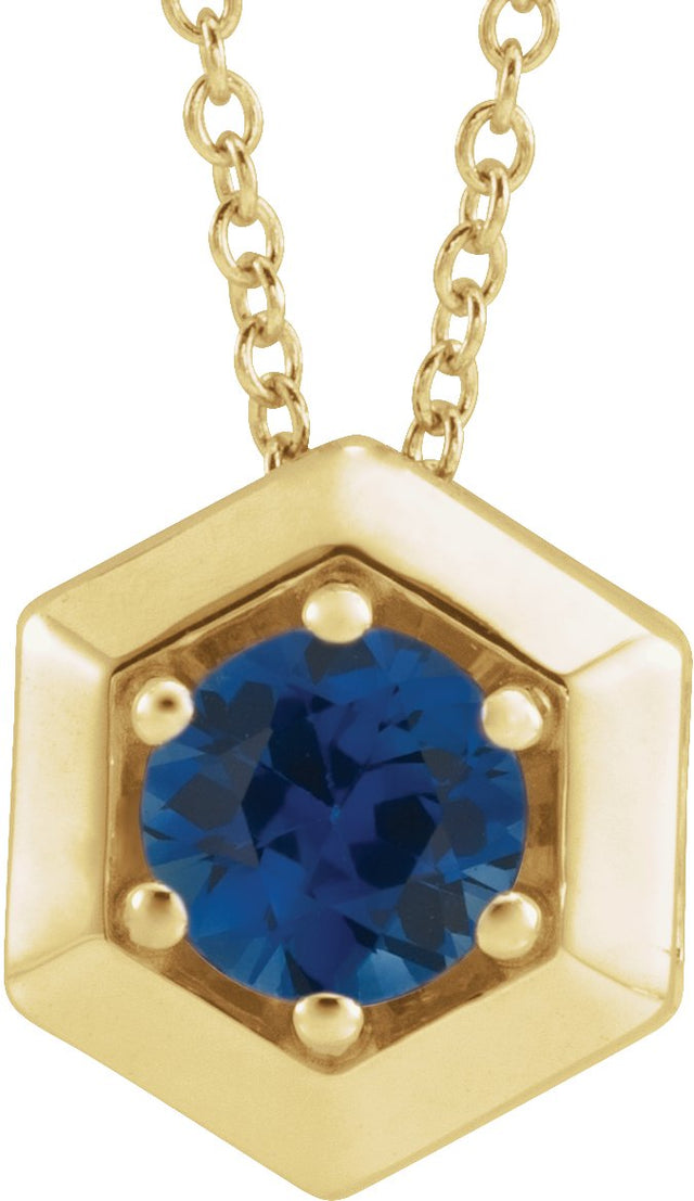 14K Gold Round Lab-Grown Blue Sapphire Geometric Necklace or Pendant - Yellow Gold