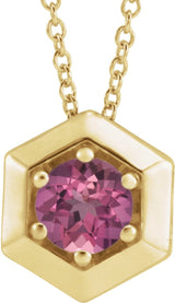 14K Gold Round Natural Pink Tourmaline Geometric Necklace or Pendant - Yellow Gold