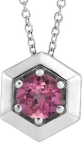 14K Gold Round Natural Pink Tourmaline Geometric Necklace or Pendant - White Gold