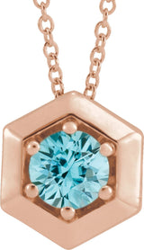 14K Gold Round Natural Blue Zircon Geometric Necklace or Pendant - Rose Gold