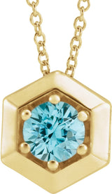 14K Gold Round Natural Blue Zircon Geometric Necklace or Pendant - Yellow Gold