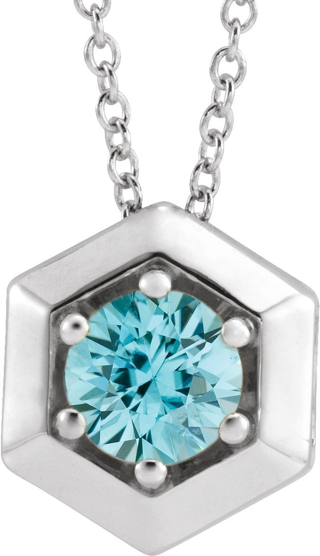 Platinum Round Natural Blue Zircon Geometric Necklace or Pendant