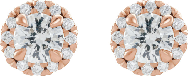 14K Gold Round Natural White Sapphire French-Set Halo-Style Earrings - Rose Gold - view 2