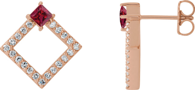 14K Gold Square Natural Ruby Accented Geometric Earrings - Rose Gold